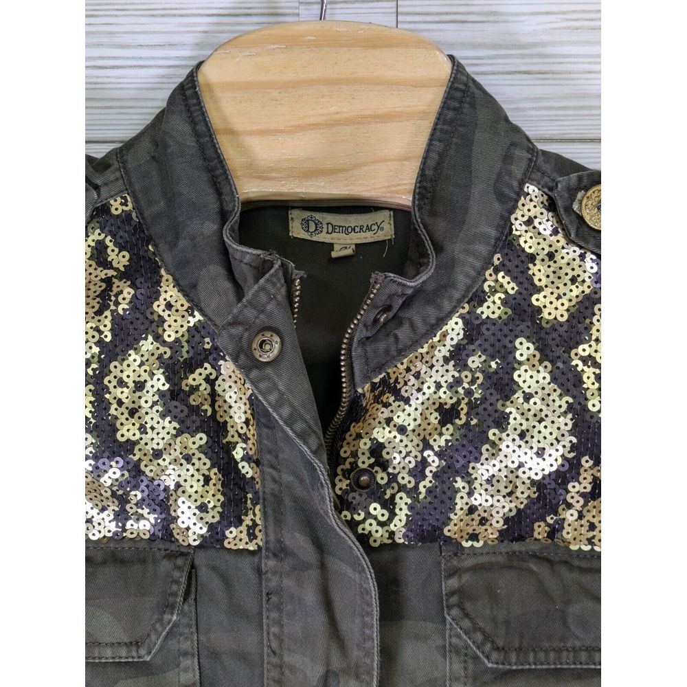 Democracy Women's Camo Utility Jacket Sequin Trim Gold Camouflage Sz Med